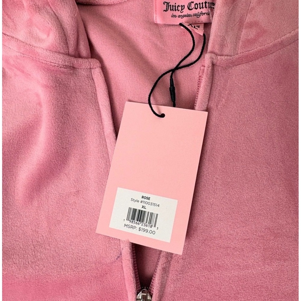 Juicy Couture Pink rose Velour Tracksuit Set Rhinestone Logo Hoodie Pants XL NEW - Picture 12 of 13